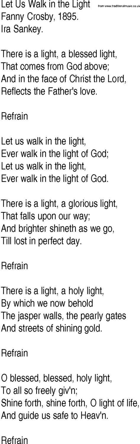 Hymn And Gospel Song Lyrics For Let Us Walk In The Light By Fanny Crosby
