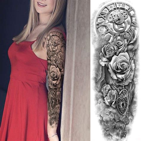 11 sheets nezar sexy big rose flower full arm temporary tattoos for women compass clock fake