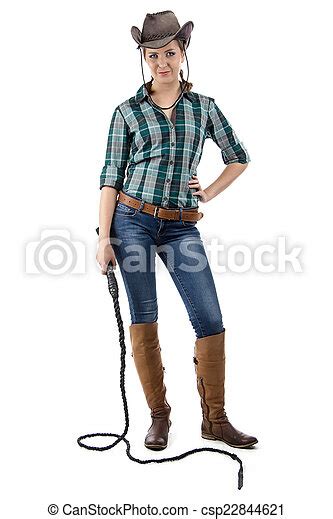 Photo Of Smiling Cowgirl With The Whip On White Background Canstock