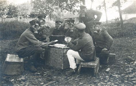 German Soldiers Wearing Gas Masks Playing Cards C 1917 2048x1294