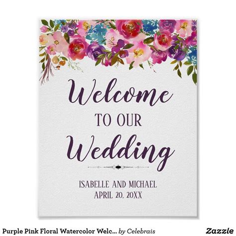 Purple Pink Floral Watercolor Welcome Wedding Sign Zazzle Wedding