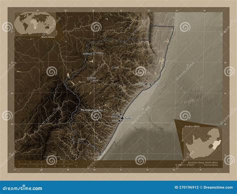 Kwazulu Natal South Africa Sepia Labelled Points Of Cities Stock