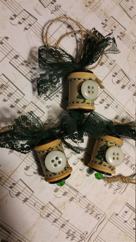 Christmas Ornament Vintage Wooden Spools With White Button Etsy