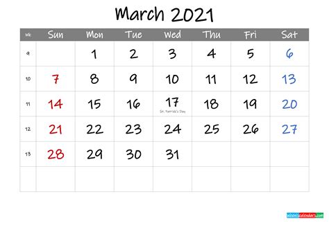 Editable March 2021 Calendar With Holidays Template Ink21m3
