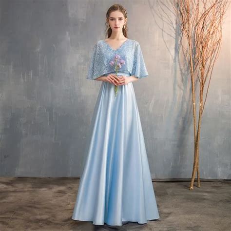 Chic Beautiful Sky Blue Satin Bridesmaid Dresses 2019 A Line