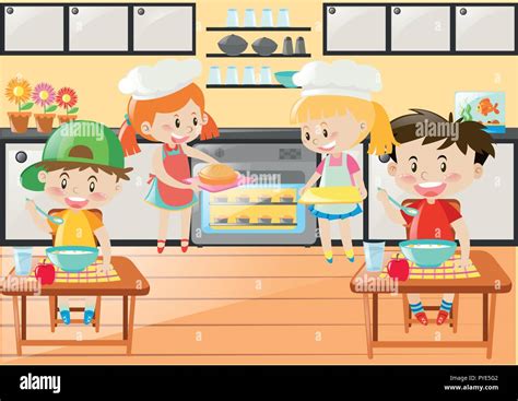 Cocina Escena Con Niñas Y Niños Ilustración Imagen Vector De Stock Alamy