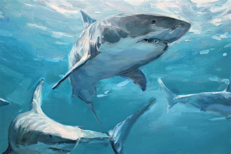 Shark Painting Oil Undersea World Fish Art Canvas Large Etsy