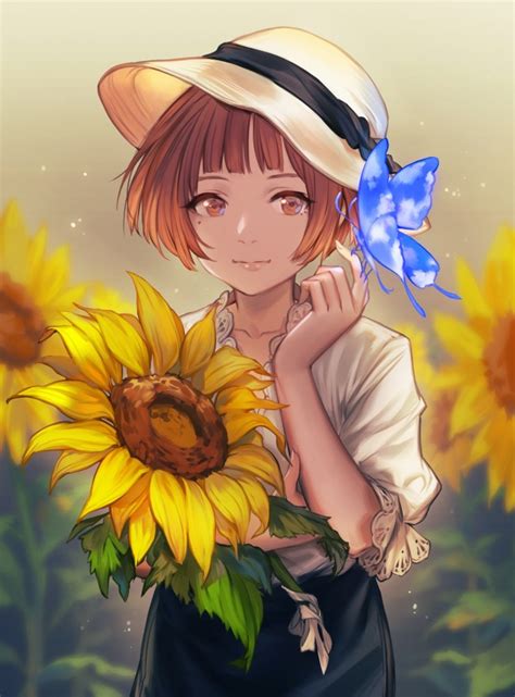 Anime girls with short haircuts!!? Wallpaper Anime Girl, Short Hair, Blue Butterfly, Sunflower, Field, Artwork - WallpaperMaiden