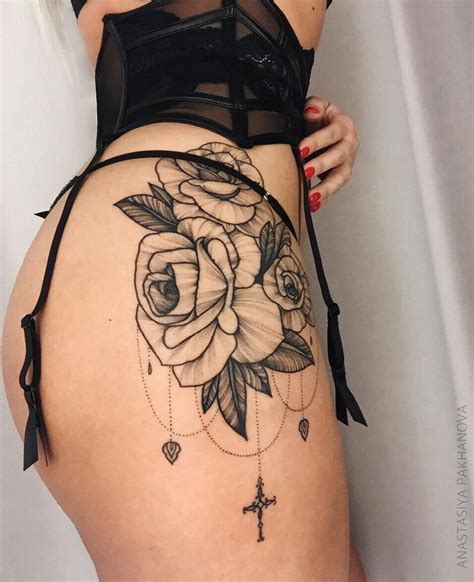 Rose Flowers Tattooed On Hip With Cross Necklace By Pakhanova Hip
