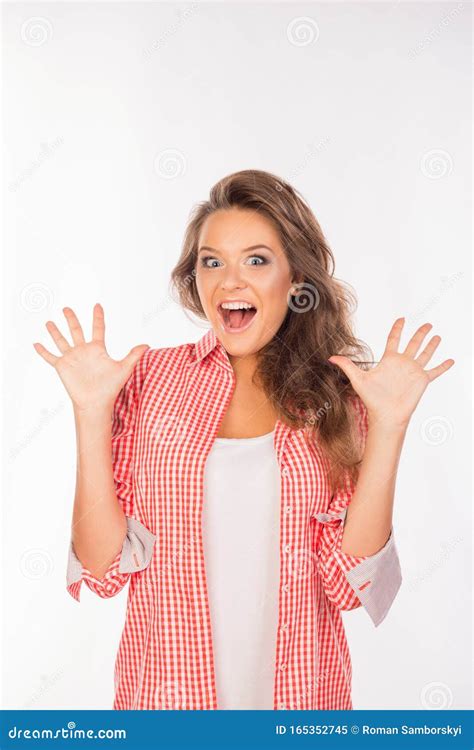 Surprised Young Woman Picking Her Hands Up Stock Image Image Of