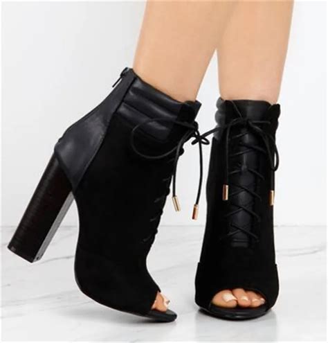 new design women elegant black suede leather patchwork lace up chunky heel short boots open toe