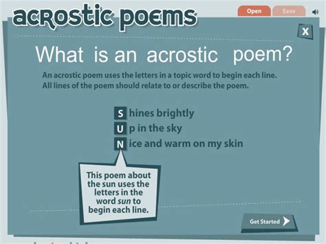 Here are a few examples of acrostic poems Acrostic Poems | English-Guide.org