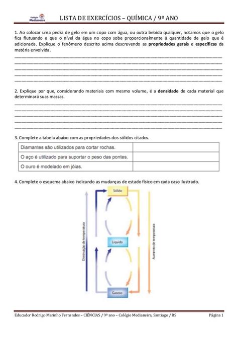 Lista De Química Propriedades E Estados Da Materia