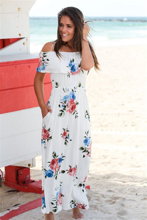 White Floral Off Shoulder Maxi Dress With Strap Maxi Dresses Saved By The Dress