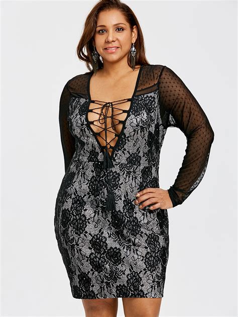 Women Sexy Deep V Neck Plus Size 5xl Lace Up Mesh Insert Dress Fashions