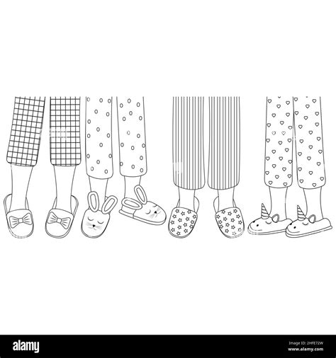 Legs Of Girls In Pajamas And Slippers Black Outline Isolated Vector