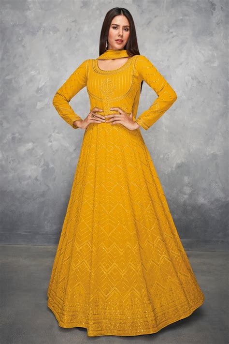 Buy Deep Yellow Georgette Embellished Anarkali Dress Online Like A Diva