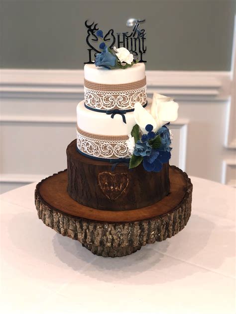 Rustic Navy White Burlap And Lace Wedding Cake The Hunt Is Over