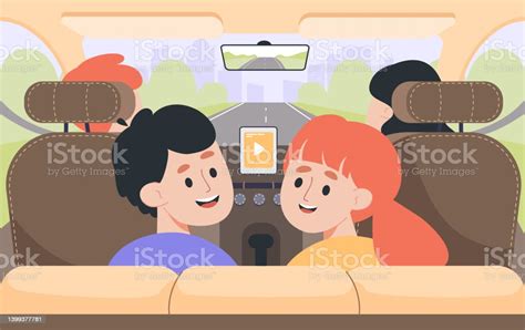 Kids Sitting On Back Seats Of Car Flat Vector Illustration向量圖形及更多家庭圖片