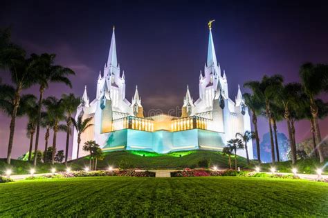 The Church Of Jesus Christ Of Latter Day Saints Temple At Night Stock