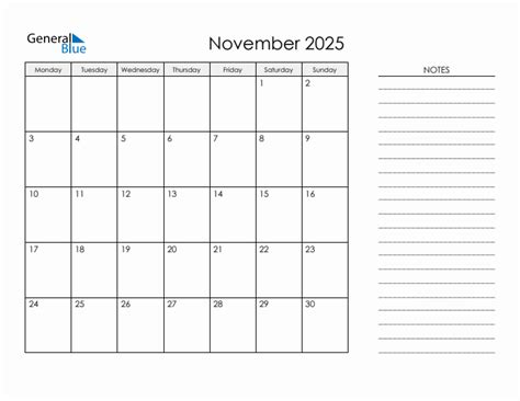 Printable monthly calendar with notes