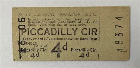 Vintage London Underground Ticket Piccadilly Circus 1950s Pre Decimal