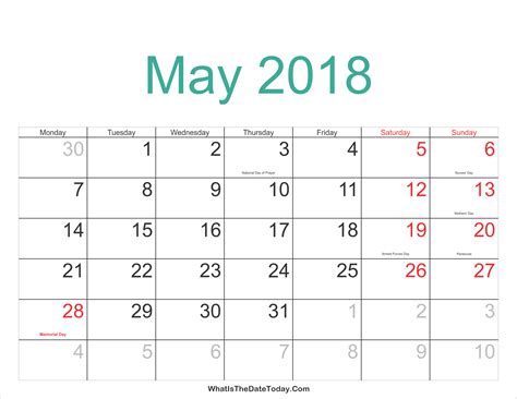 May 2018 Calendar Printable With Holidays Whatisthedatetodaycom