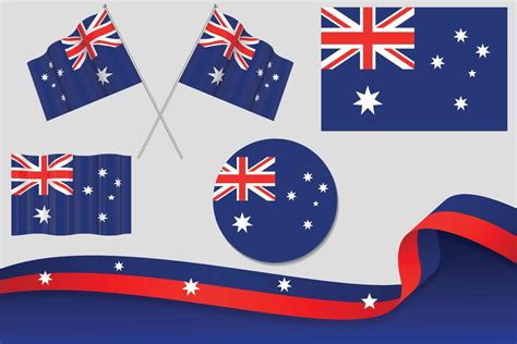 set of australia flags in different designs icon flaying flags with ribbon with background