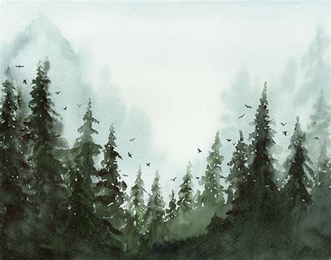 Pine Tree Forest Watercolor Art Print Misty Evergreen Landscape With