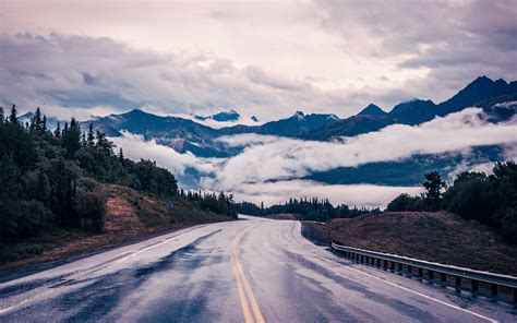 Download Wallpaper 3840x2400 Road Mountains Clouds Trees Landscape