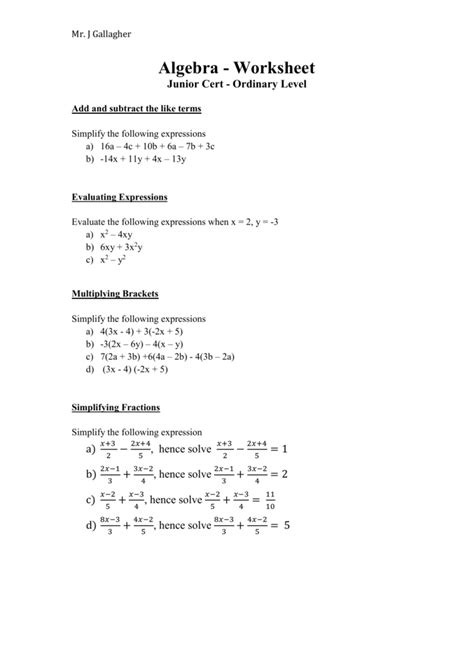 Check spelling or type a new query. Algebra - Worksheet Junior Cert