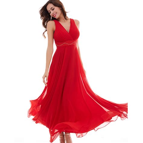 Womens Red Sleeveless V Neck Pleated Beading Prom Evening Gowns N15937