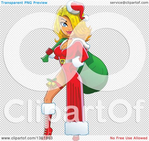 Clipart Of A Cartoon Blond White Christmas Pinup Woman Posing In A Sexy Santa Suit A Sack Over