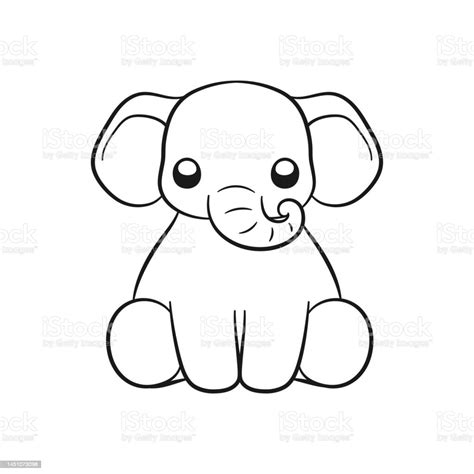 Cute Sitting Baby Elephant Cartoon Front View Outline Illustration Easy