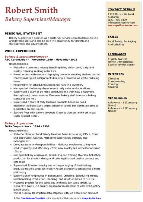 Get inspired, see our resume template and get your dream job. Bakery Supervisor Resume Samples | QwikResume