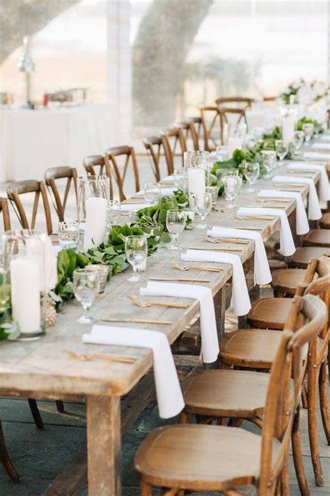 Simple Wedding Reception Decor Idea Long Wooden Tables With Greenery
