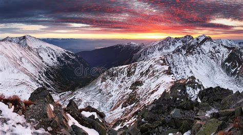 Winter Mountain Panorama Landscape Sunset Slovakia Stock Photo