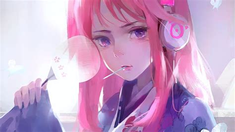 Hd Wallpaper Anime Anime Girls Pink Hair Purple Eyes Headphones