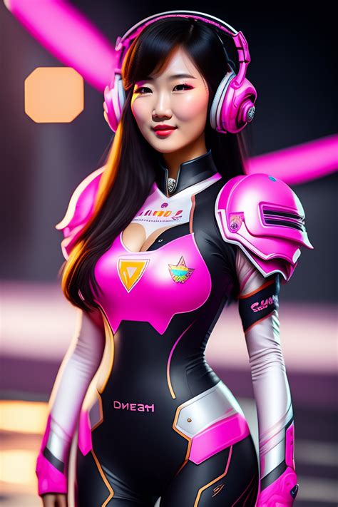lexica portrait of d va from overwatch 18 year old korean girl headset and pink bodysuit