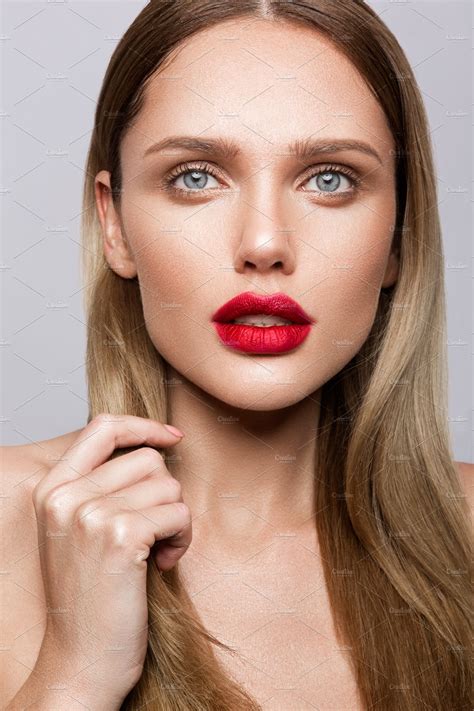 Beautiful Young Model With Red Lips High Quality Beauty