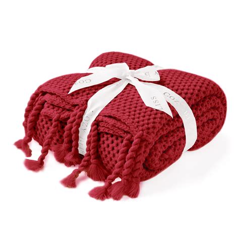 Cozy Bliss Honeycomb Knit Throw Blanket Red Chunky Knitted Throw Handmade Tassel Farmhouse Boho