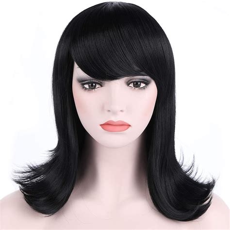 Onedor Womens Short Black Straight Hair 50s Cosplay Flip Wigs With Flat Bangs 1 Black
