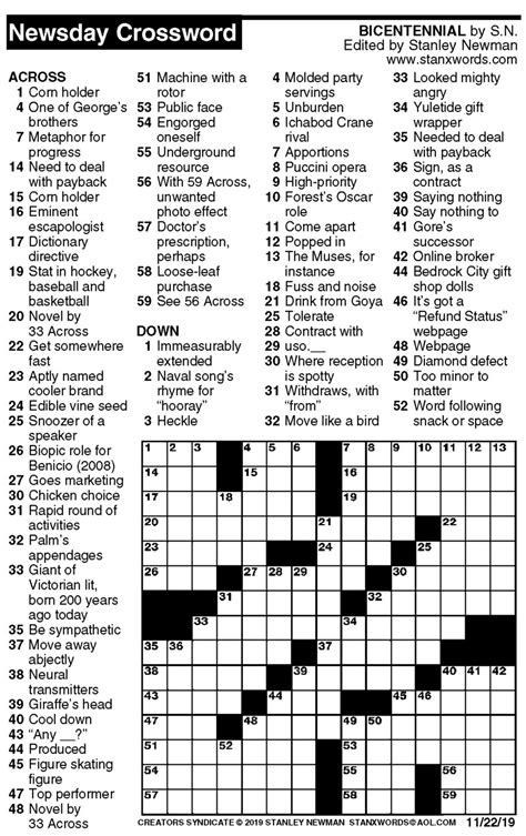 Newsday Crossword Puzzle For Nov 22 2019 By Stanley Newman Creators