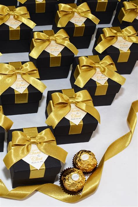 Build your own care package! Black & Gold wedding favor gift box with satin ribbon, bow and your names, Unique Personalized ...