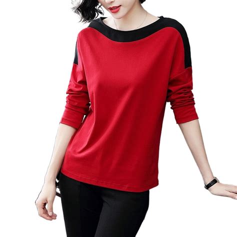 Loose Long Sleeved T Shirt Women 2021 Spring New Round Neck Color Contrast Tops Lady Cotton Soft