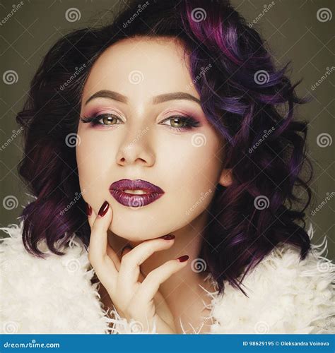 Portrait Of Beautiful Fashion Model With Purple Hair Over G Stock Image