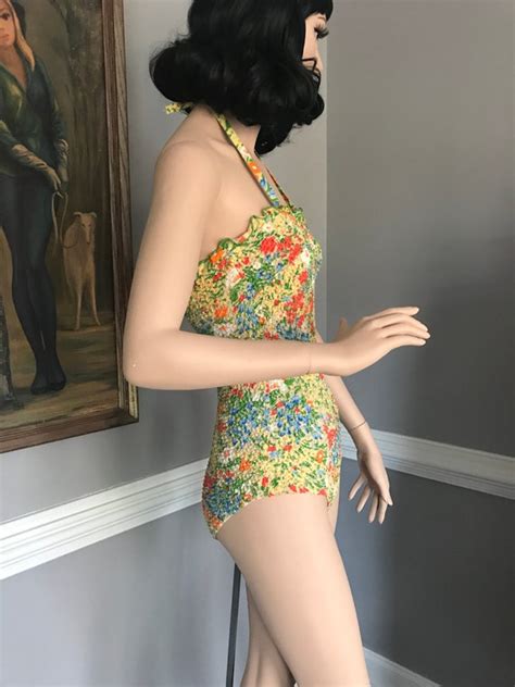 Vintage 60s Pinup Girl Swimsuit Gabar Shirred Floral Gem
