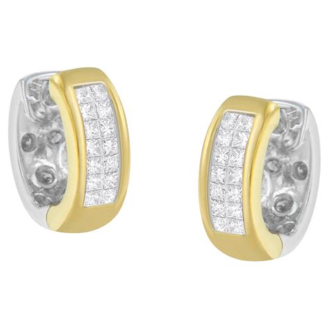 K Two Toned Gold Carat Round And Princess Cut Diamond Earrings