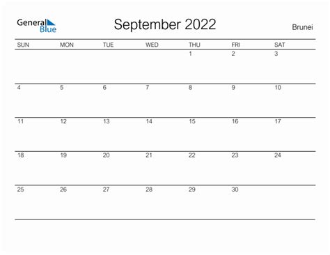 September 2022 Monthly Calendar With Brunei Holidays