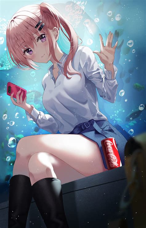 Anime Anime Girls Low Angle Legs Crossed Vertical Side Ponytail Waving HD Phone Wallpaper